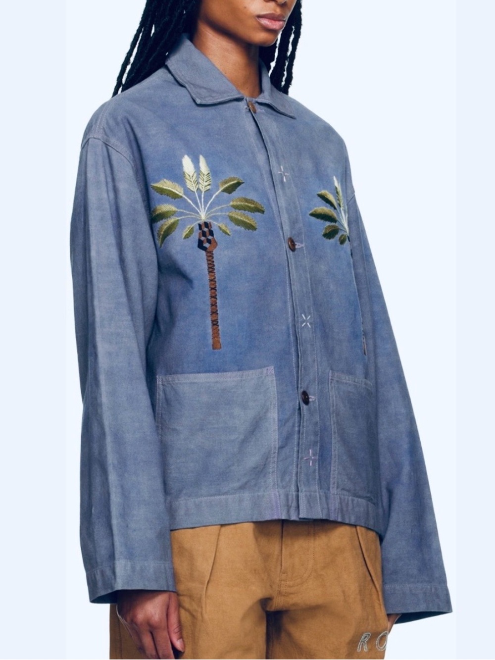 Story Mfg. Short On Time jacket in blue with palm tree embroidery size M